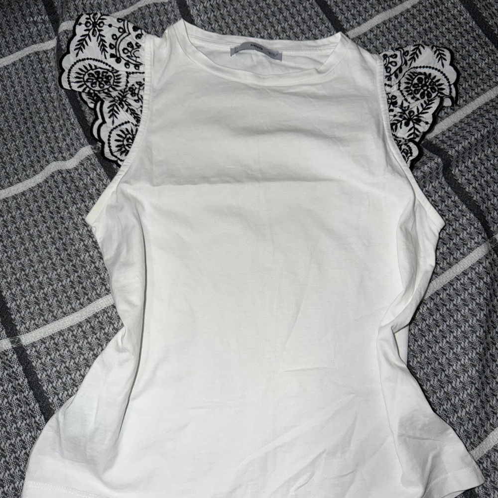 Mango White Tank Top with Black Embroidered Sleeves